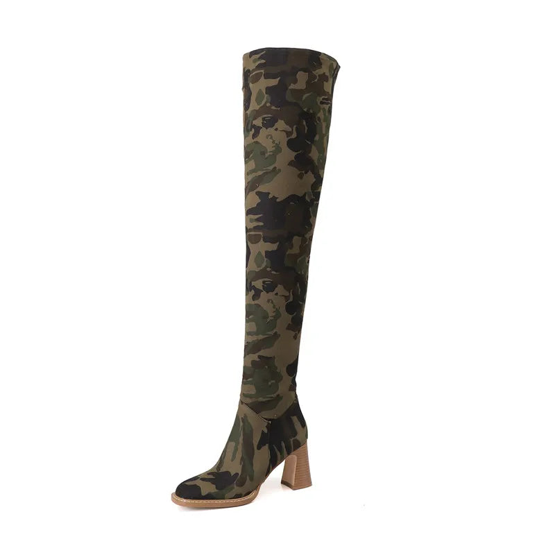 Over Knee High Quality Camo Boots Rounded Head