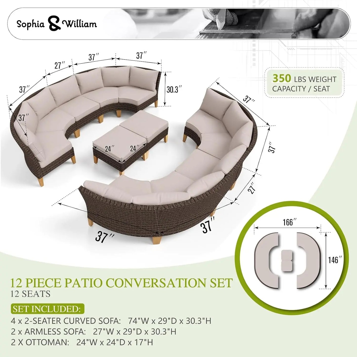 12 Piece Curved Outdoor Sectional Sofa Set