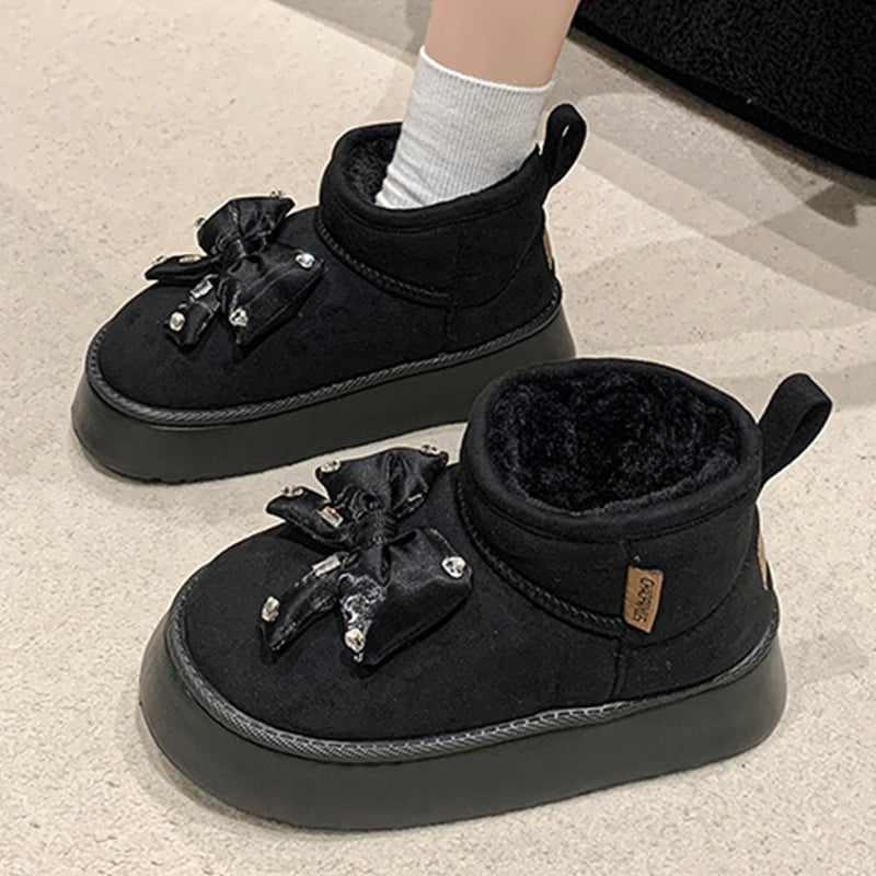 Diamond-Studded Butterfly-Knot Thicken Plush Ankle Boots