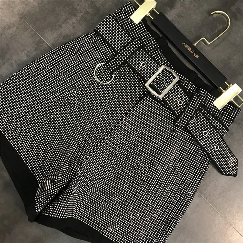 Black Rhinestone Belt Shorts