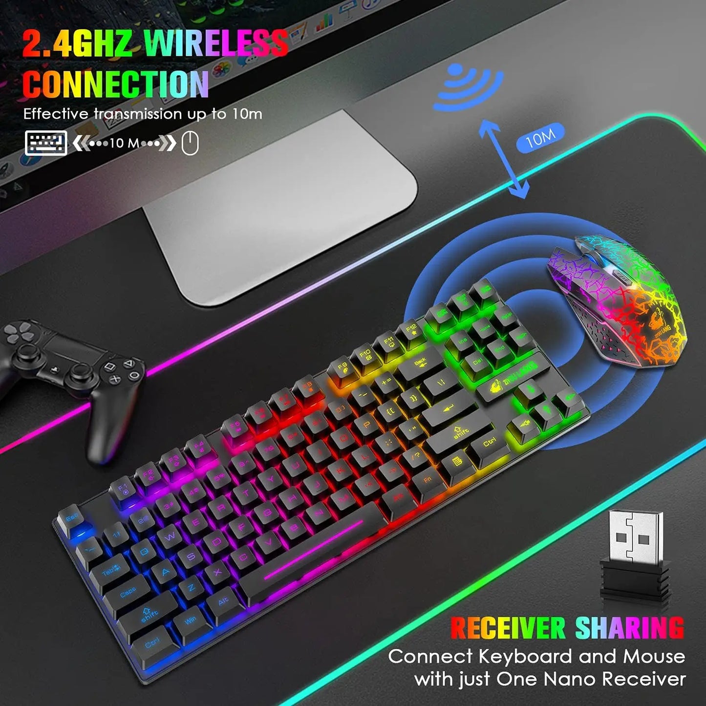 Wireless Gaming Rainbow Keyboard and Mouse Combo