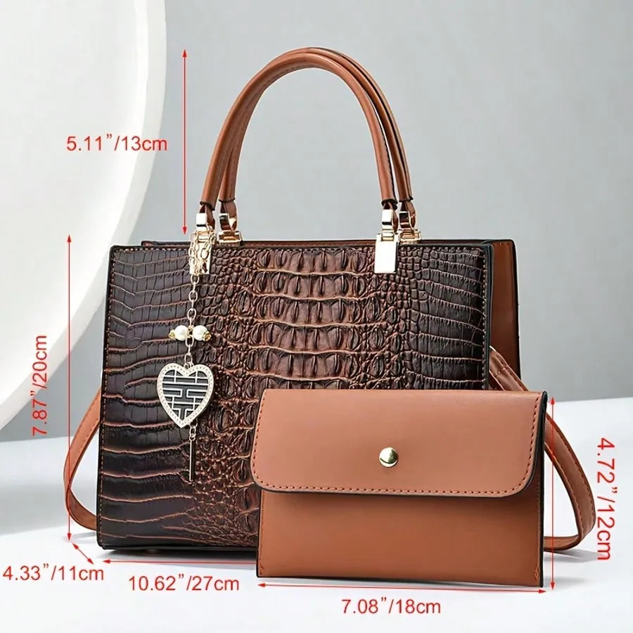 Croc-Embossed Top Handle Handbag with Detachable Wallet