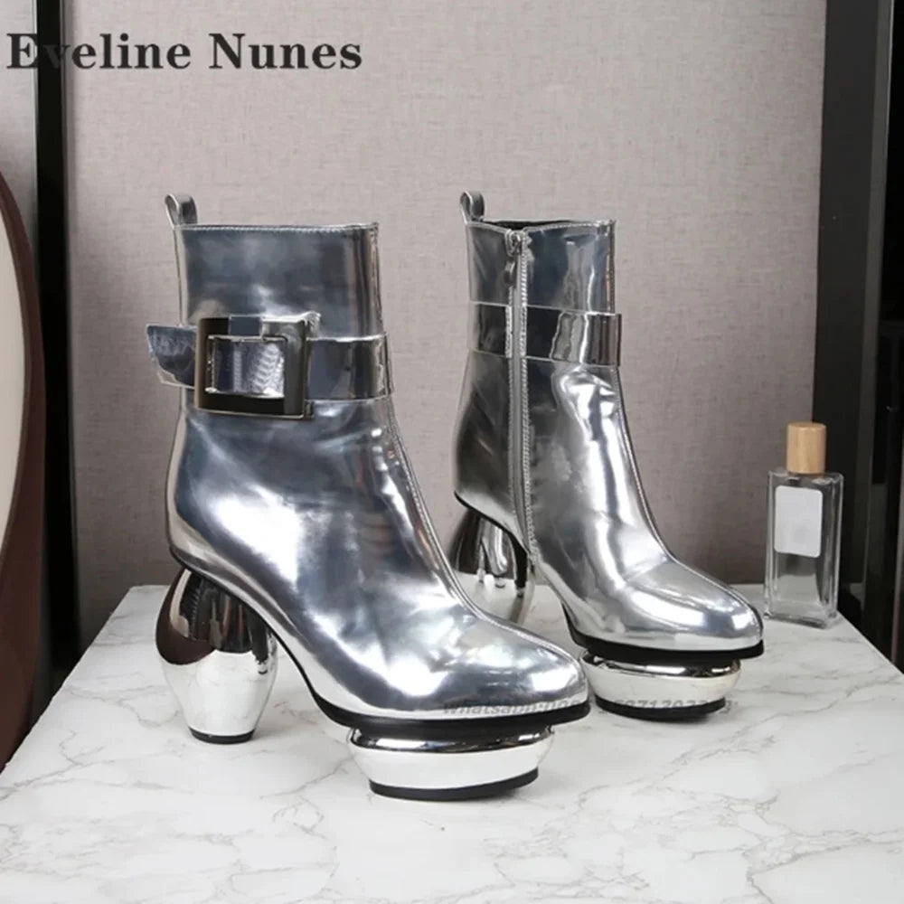 Platform Mental Buckle Ankle Boots Round Toe Strange Style