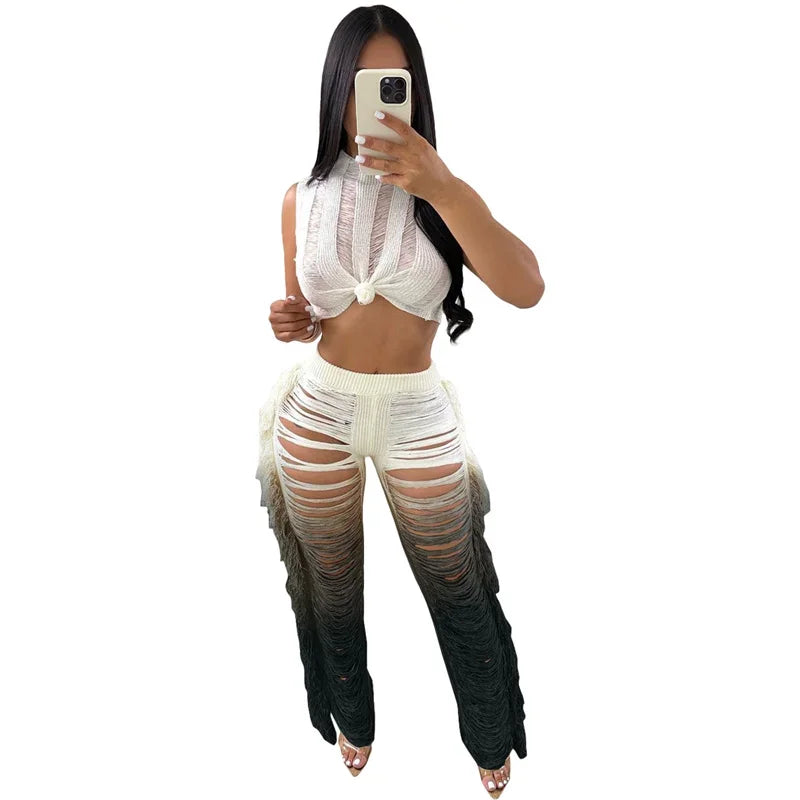 Gradient Color Crochet Two Piece Crop Top and Wide Leg Pants