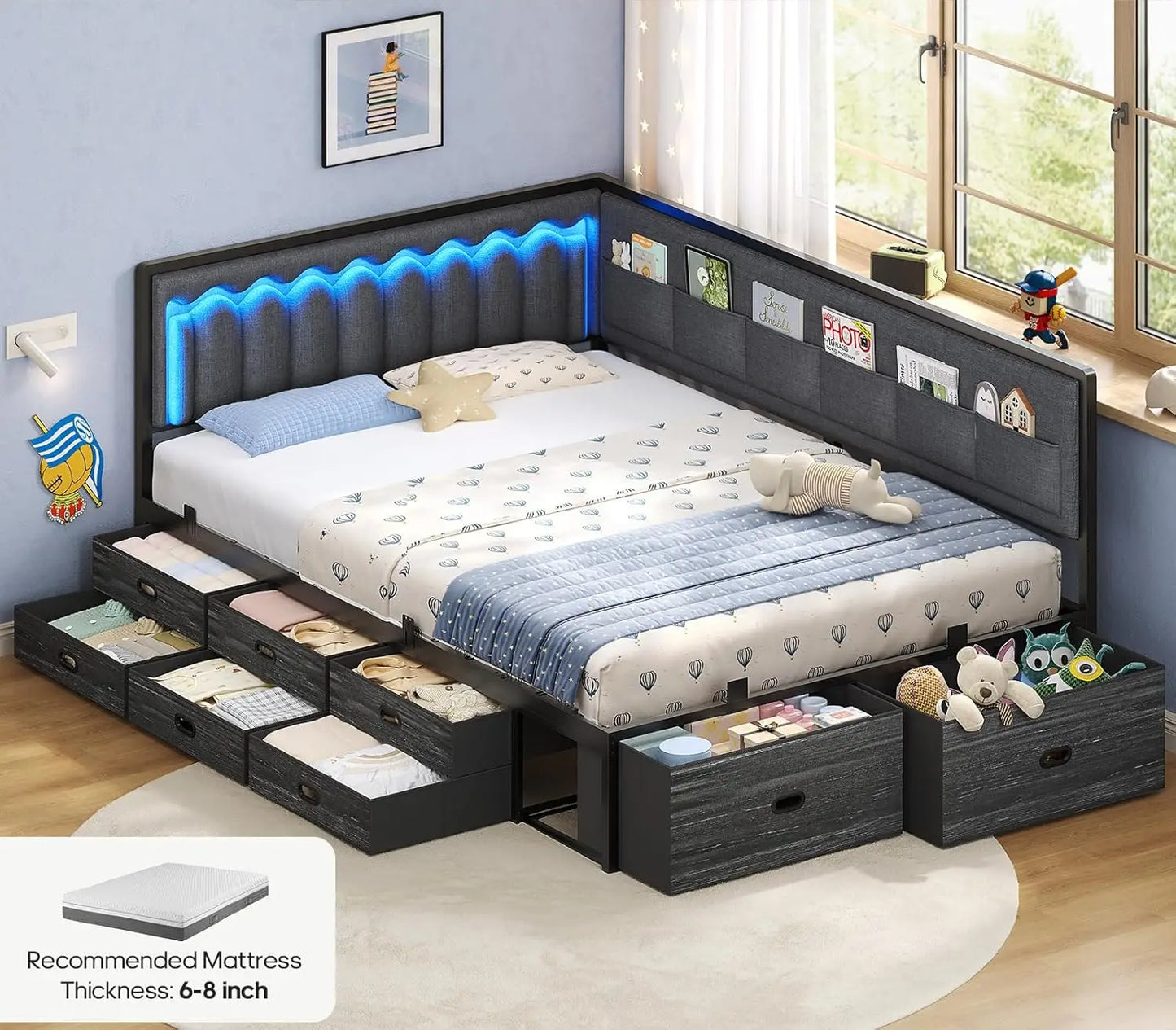 Full Corner Bed Frame with 8 Drawers, 6 Storage Pockets and RGB Wave Lights