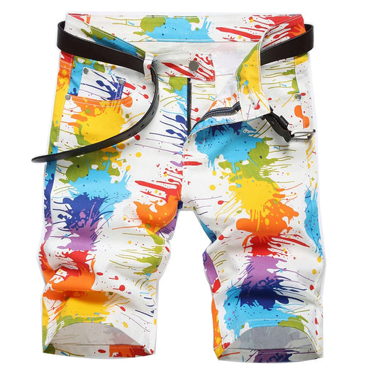 Mens Color Painted Shorts Stretch Denim
