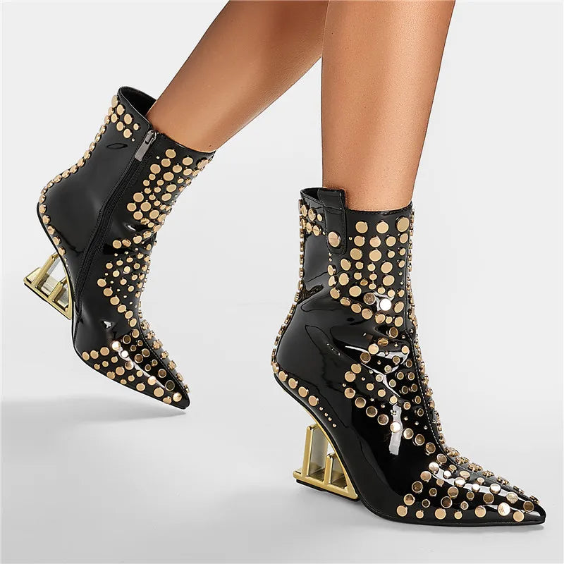 Fashion Rivet Pointed Toe Zipper-Side Patent Leather Strange Heels Shoes