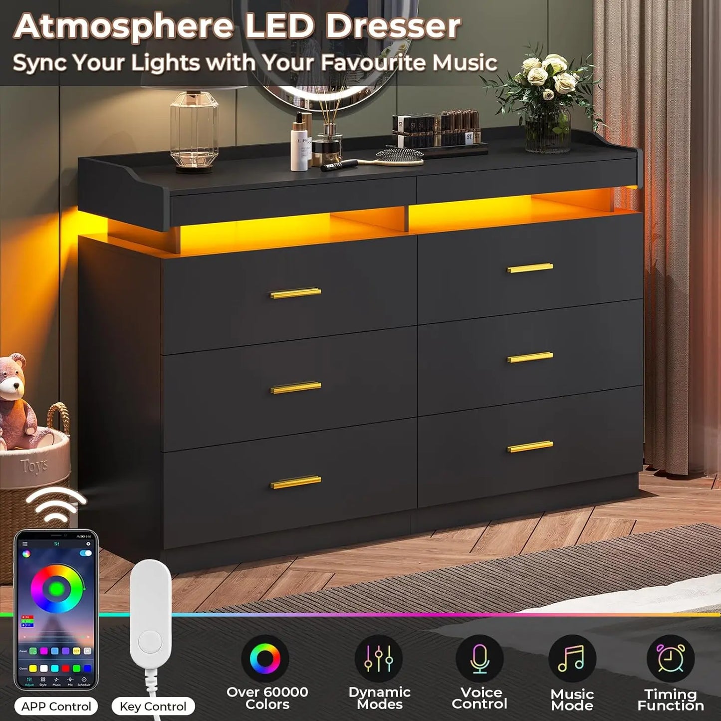 Modern Dresser with LED Wide Drawer Organizer