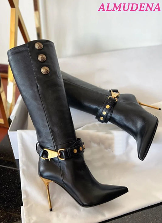 Suede Metal Buckled Pointed Toe Leather Knee High Boots