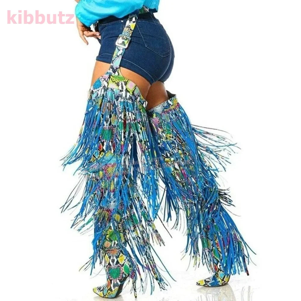 Over The Knee High Boots Tassel Fringe Belted Chaps