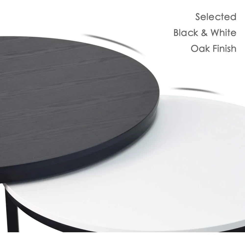 2 Round Nesting Table Set Circle for Living Room Modern (Black & White)