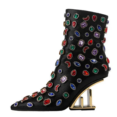 Fashion Rivet Pointed Toe Zipper-Side Patent Leather Strange Heels Shoes