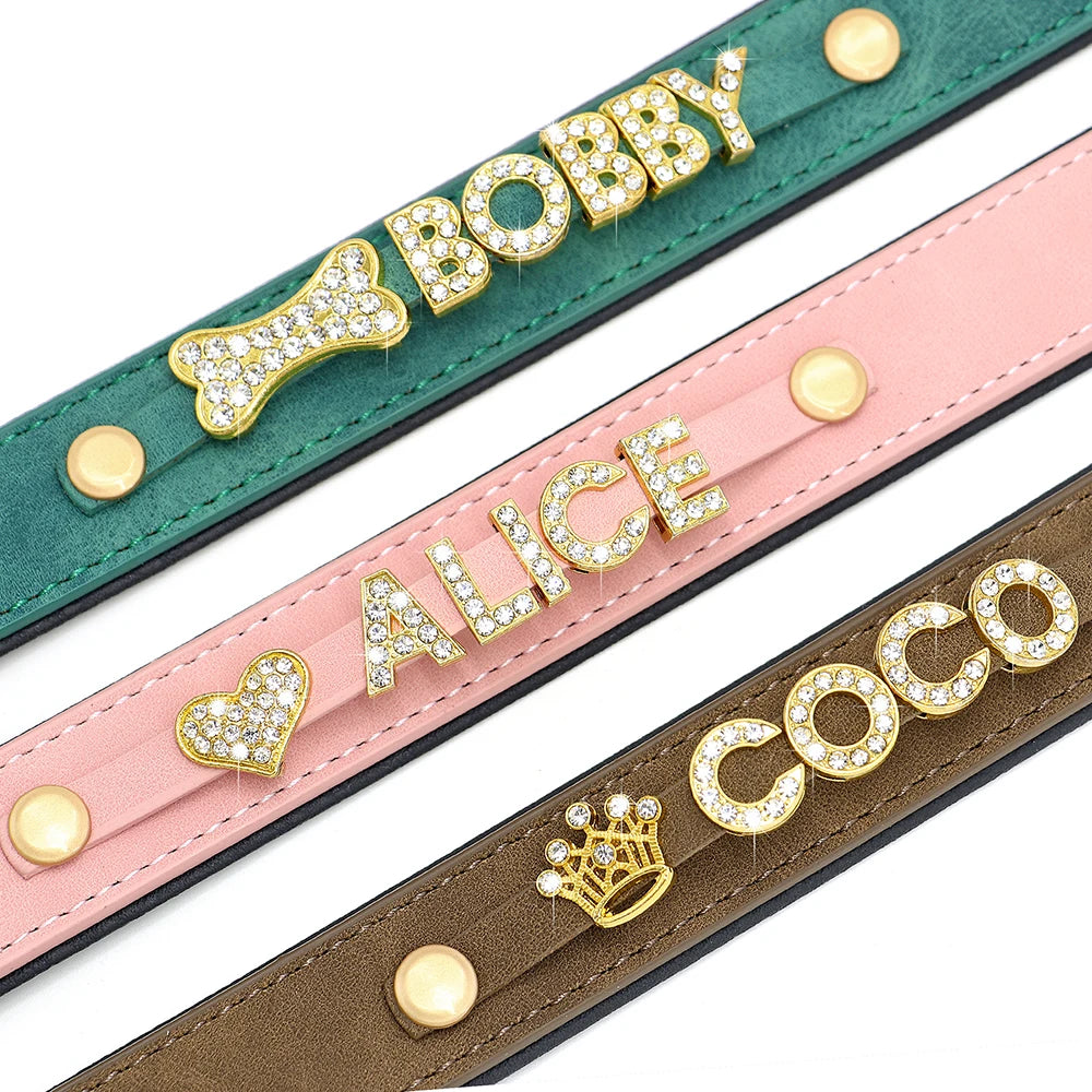 Custom Leather Personalized Name Collars Bling Rhinestone Pet Necklace