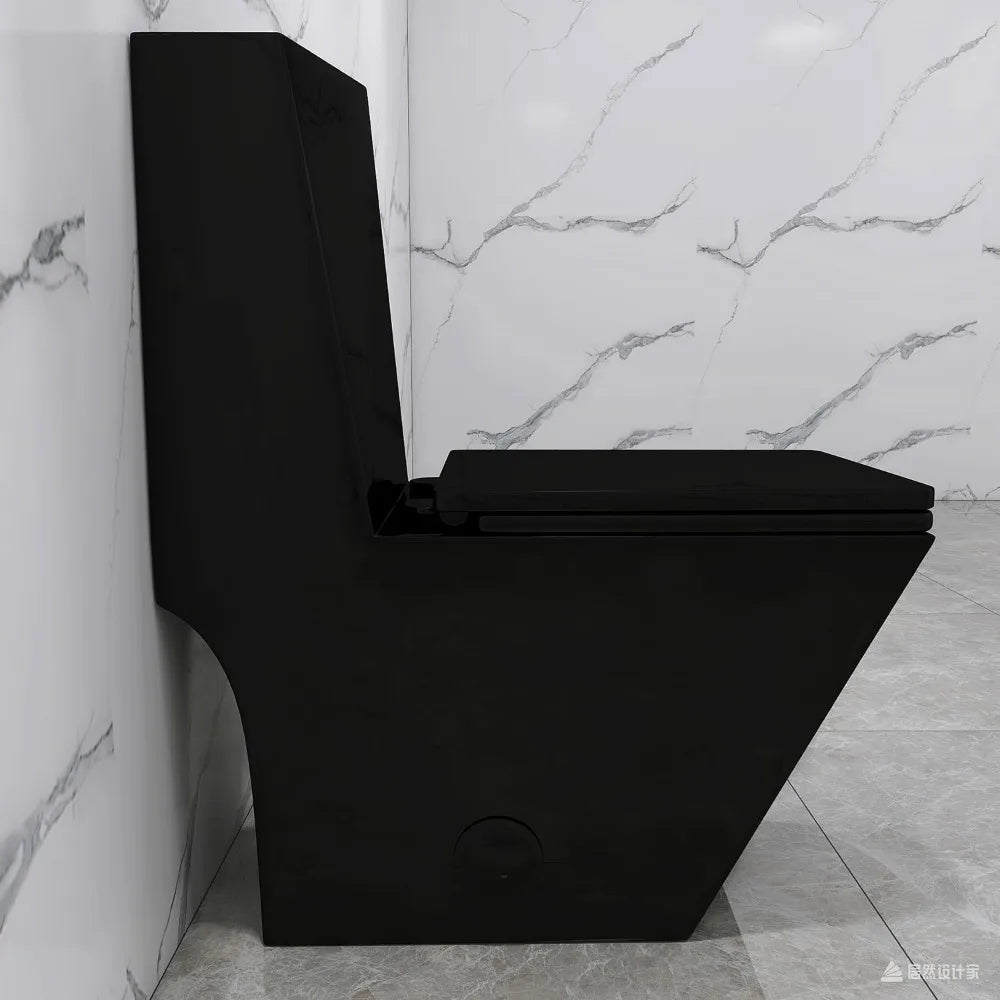 Square One Piece Toilet Black With Gold Button For Modern Sleek Design