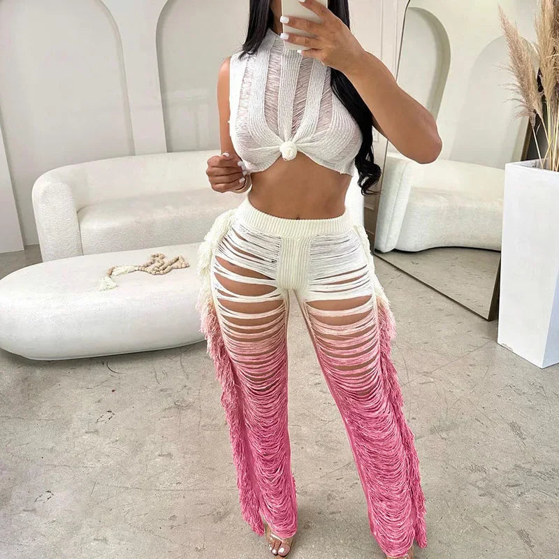 Gradient Color Crochet Two Piece Crop Top and Wide Leg Pants