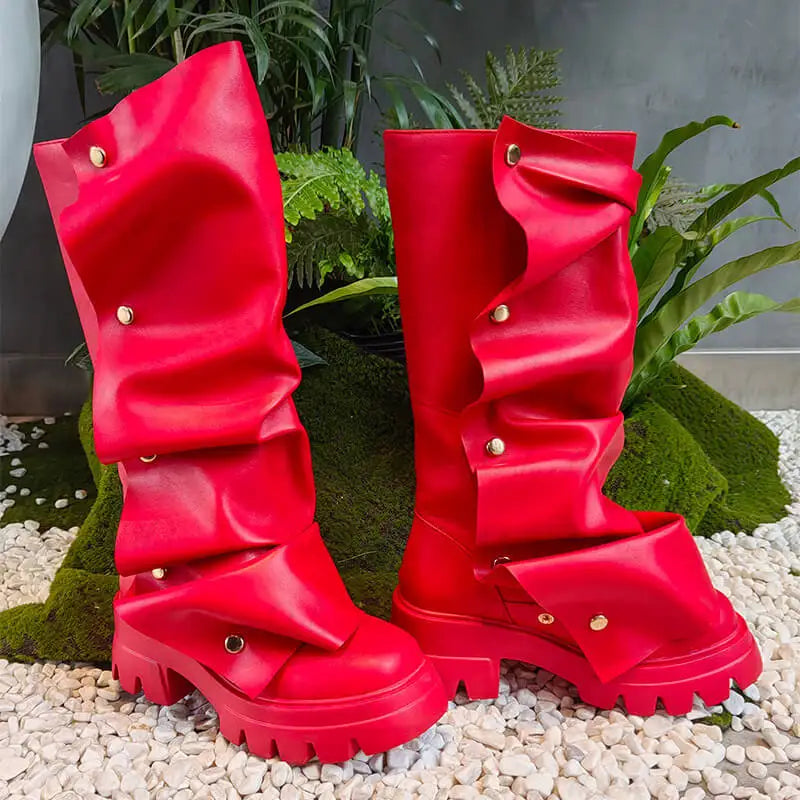 Plaftorm Red Fold Over Boots Block Heel Round Toe