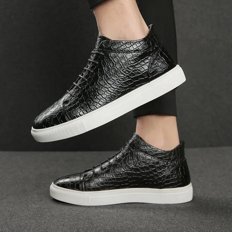 Luxury Retro Brown High Top Lace-up Crocodile Leather Sneakers