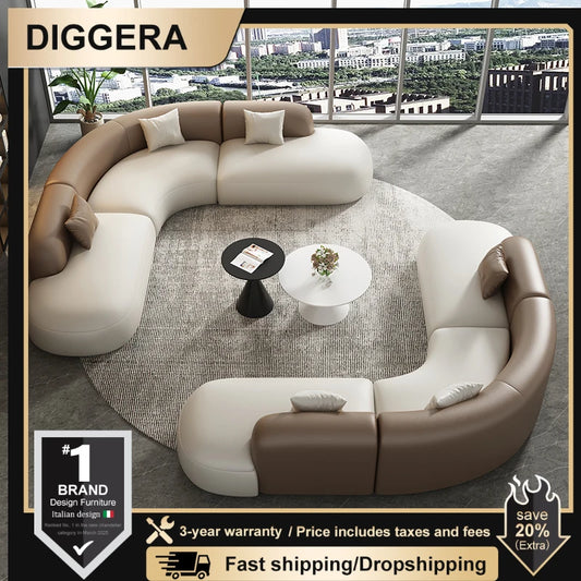 Curved Leather Corner Sofa Set with Solid Wood Frame