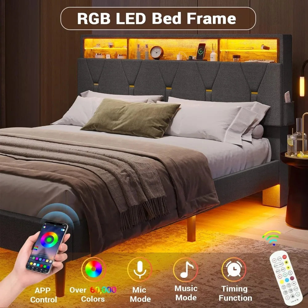 LED Bed Frame Queen Size w Shelf Storage Headboard