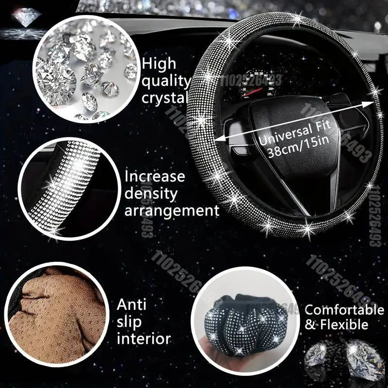 Set 27 Piece Women Bling Universal Fit Steering Cover Shiny License Frame Phone Holder Coasters Tools