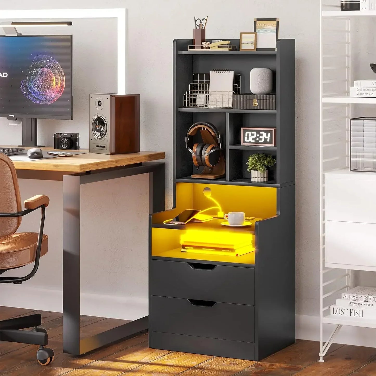 Bedside Nightstand with Bookshelf, Shelves, Drawers and LED Lights