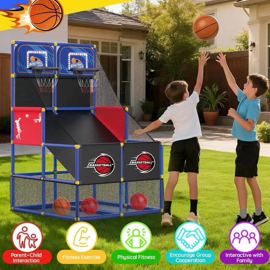 Dual Basketball Arcade with Electronic Scoreboard LED Light 6 Balls