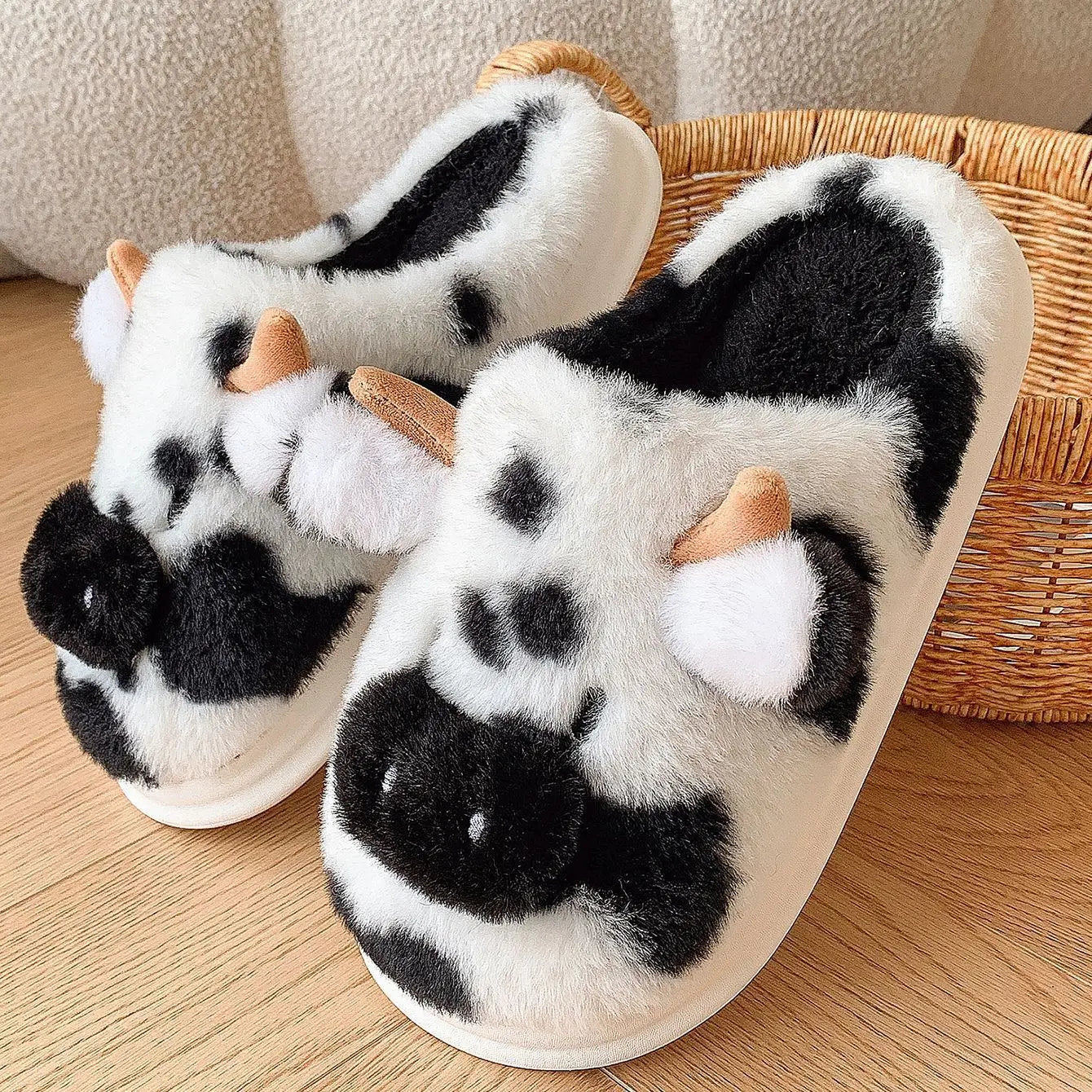 Warm Cow Furry Slippers Plush Lined