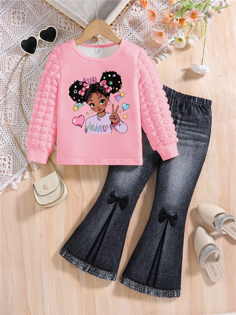 Girls' Fashion Set Cartoon Printed Long Sleeve and Solid Color Slimming Pants