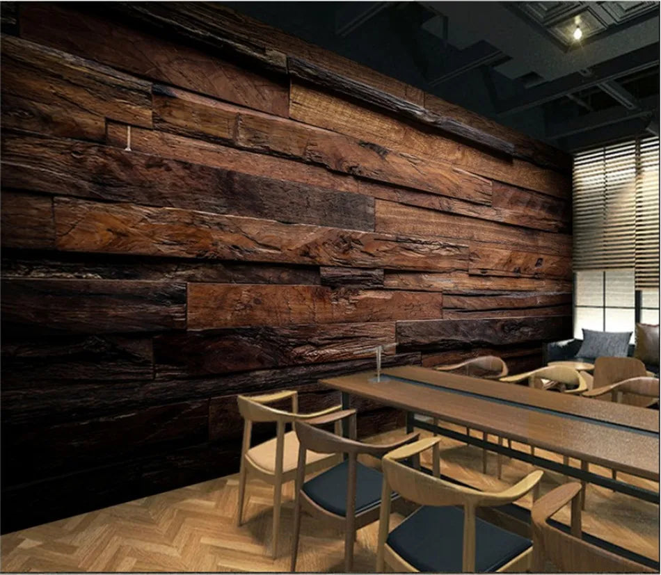 Dark Brown Retro Nostalgic Wood Grain Striped Mural Wallpaper