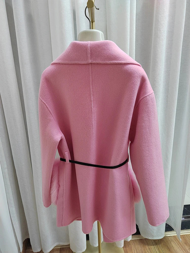 Real Natural Fox Fur Pocket Coat Cashmere Wool