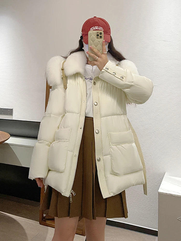 Warm Goose Down Puffer Jacket Natural Fox Fur Collar