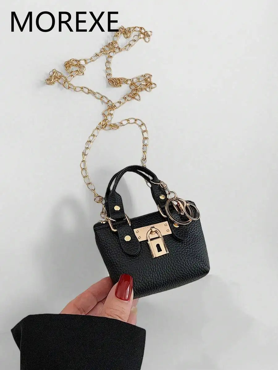Mini Top-Handle Handbag with Gold Chain Strap and Lock Charm