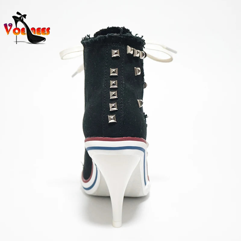 High Top Canvas Women Boots Thin Heel
