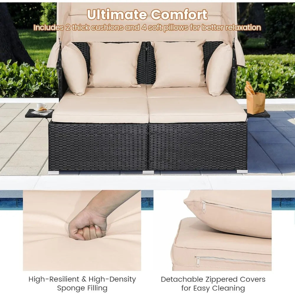 Outdoor Wicker Sunbed w/Cushions, 4 Pillows & 2 Retractable Side Trays