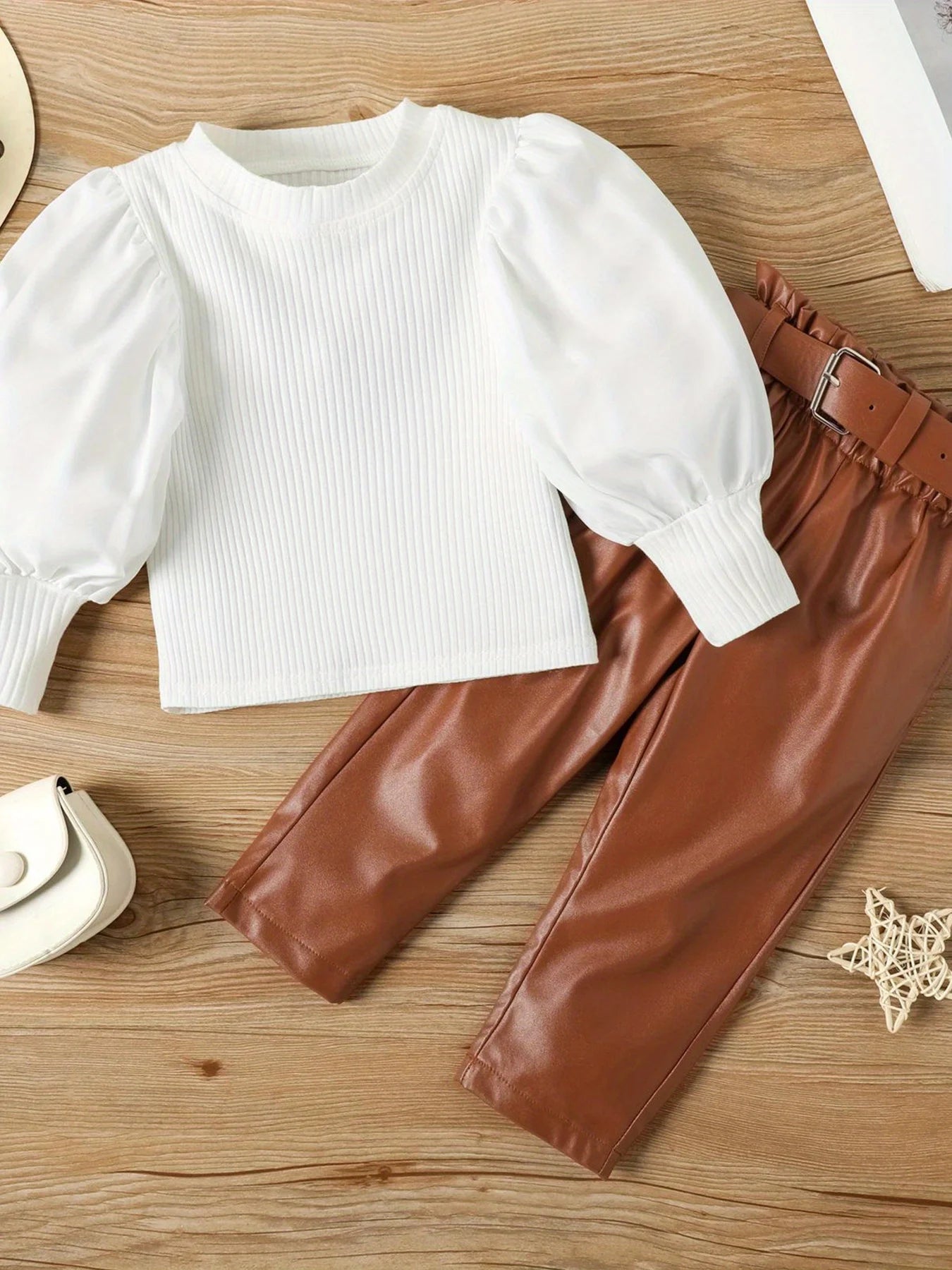 Casual Outfit Set Long Sleeve Ruffled Blouse + Brown Belted Pants + White Ankle Boots