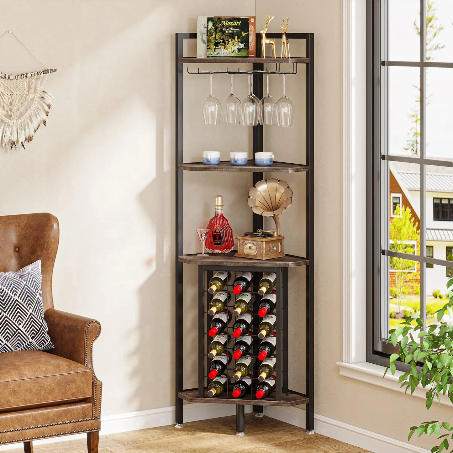 Wine Rack Cabinet 4 Tier Corner Shelf with Glass Holder