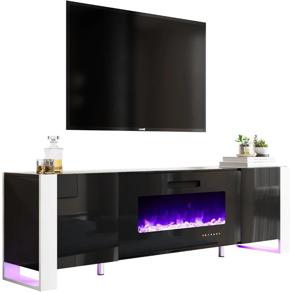 Modern High Gloss Entertainment Center LED Lights Cabinet for TVs Up to 80"
