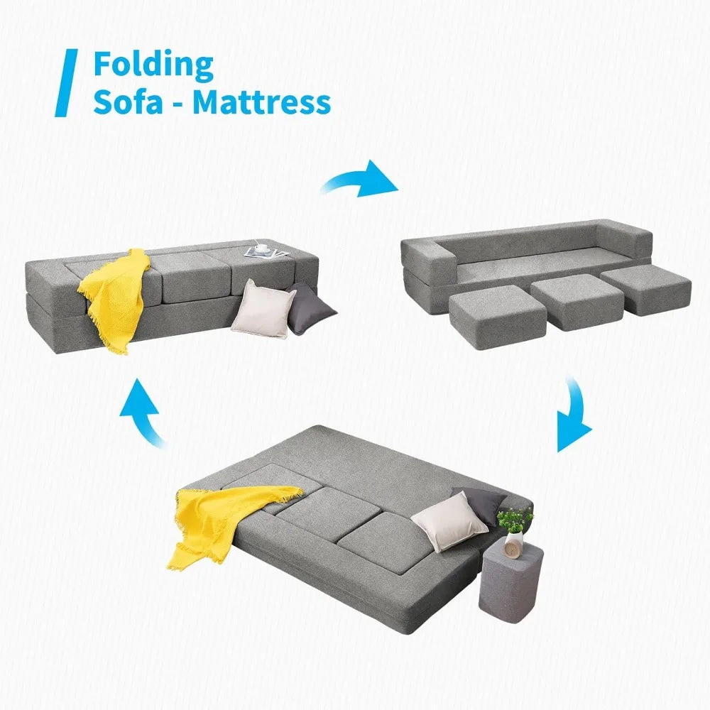 Futon Sofa Bed Queen Convertible with 3 Ottomans Memory Foam