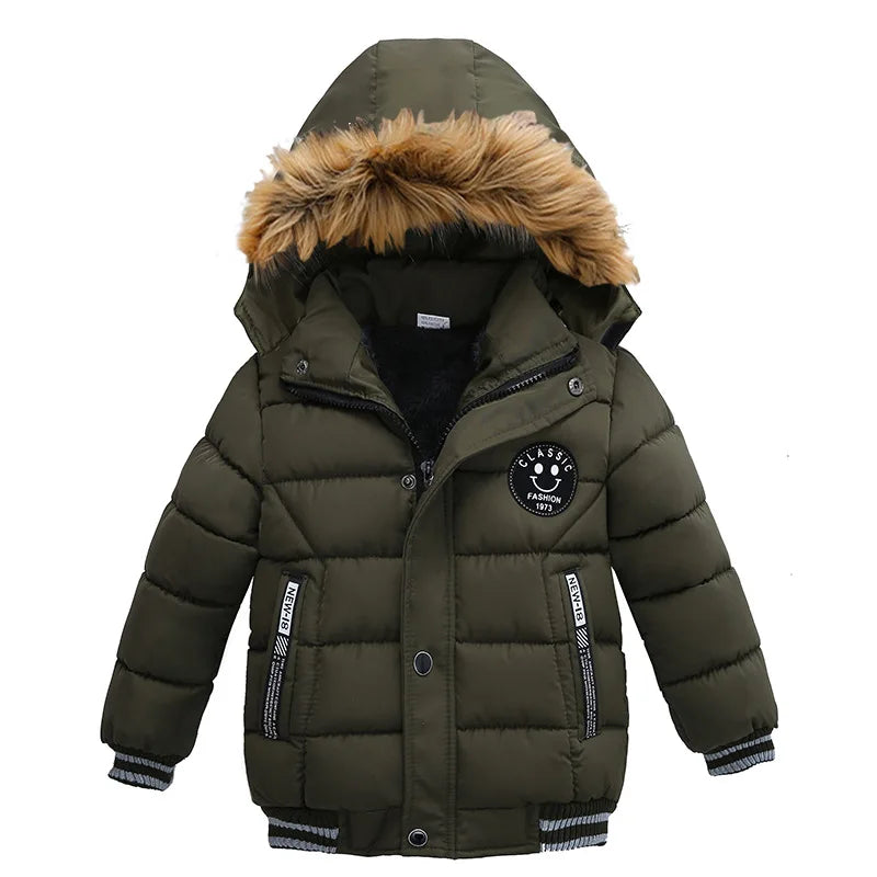Boys Hooded Zipper Fashion Fur Collar Outerwear