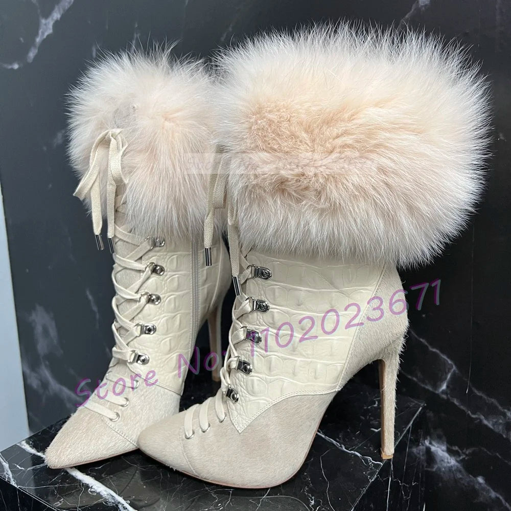 Fur Pointy Ankle Boots Elegant Leather