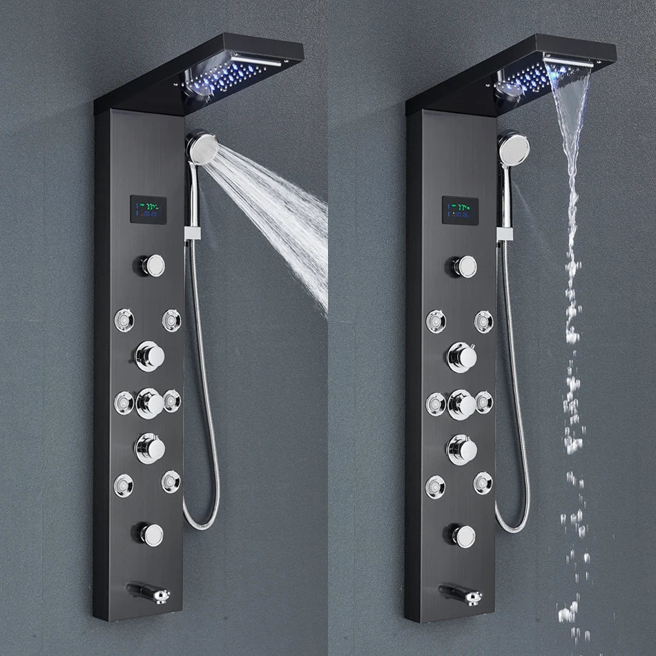 Black/Brushed Bathroom LED Rainfall Shower Panel System