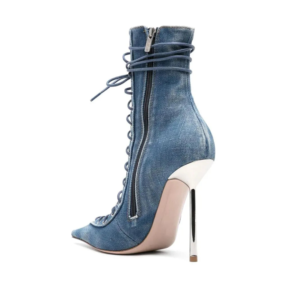 Denim Cross Tied Short Boots Pointed High Heel