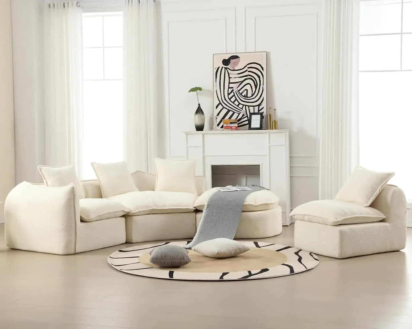 Curved Boucle Modern Sectional Sofa Cloud Deep Seat Couch