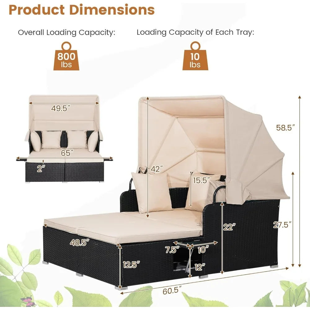 Outdoor Wicker Sunbed w/Cushions, 4 Pillows & 2 Retractable Side Trays