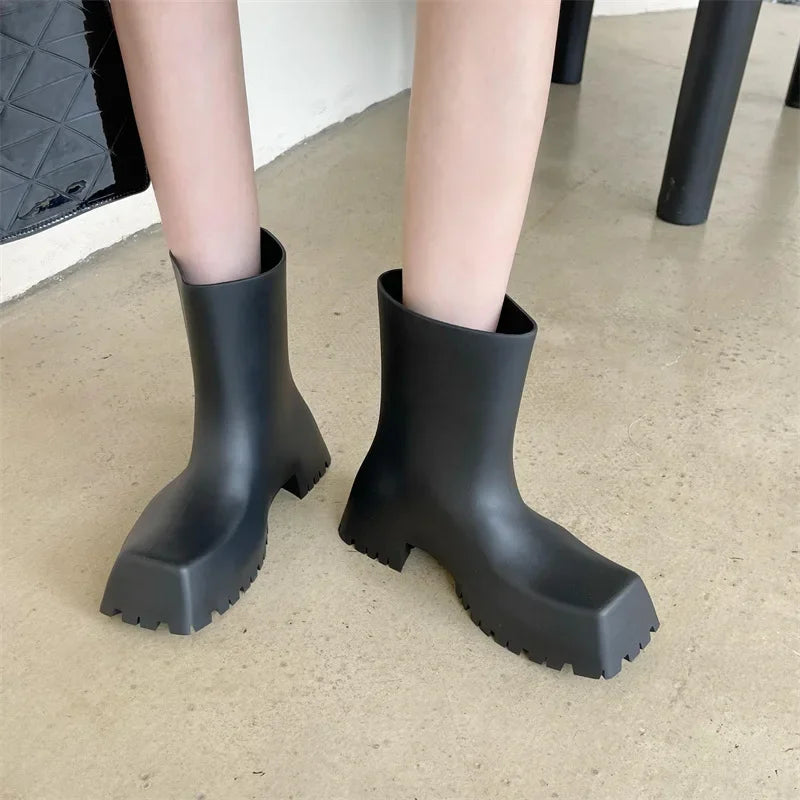Waterproof Non-slip Short Boot Square Toe Soft Leather