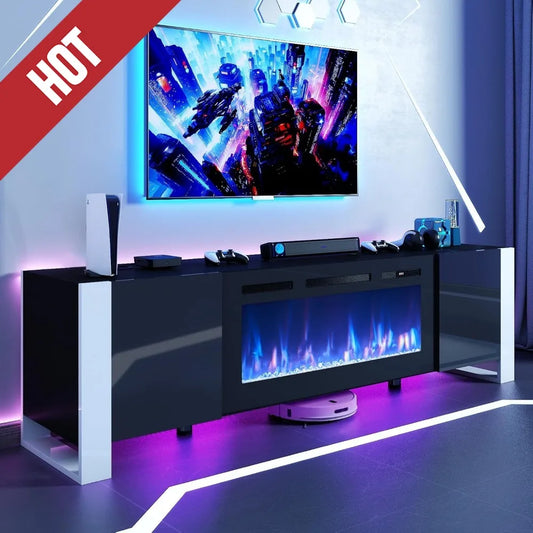 70" Fireplace TV Stand With 36" Electric Fireplace with LED Lights, Adjustable Legs TV