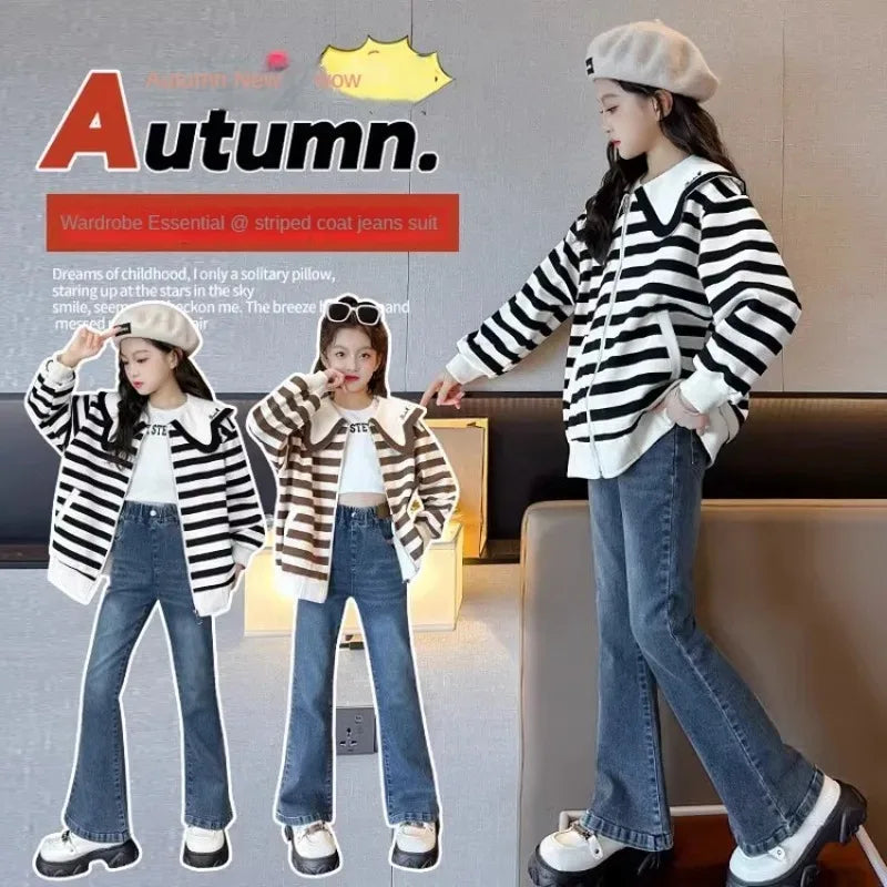 Autumn Striped Coat Jeans Suit for Girls 5 To 16 Years Teenager