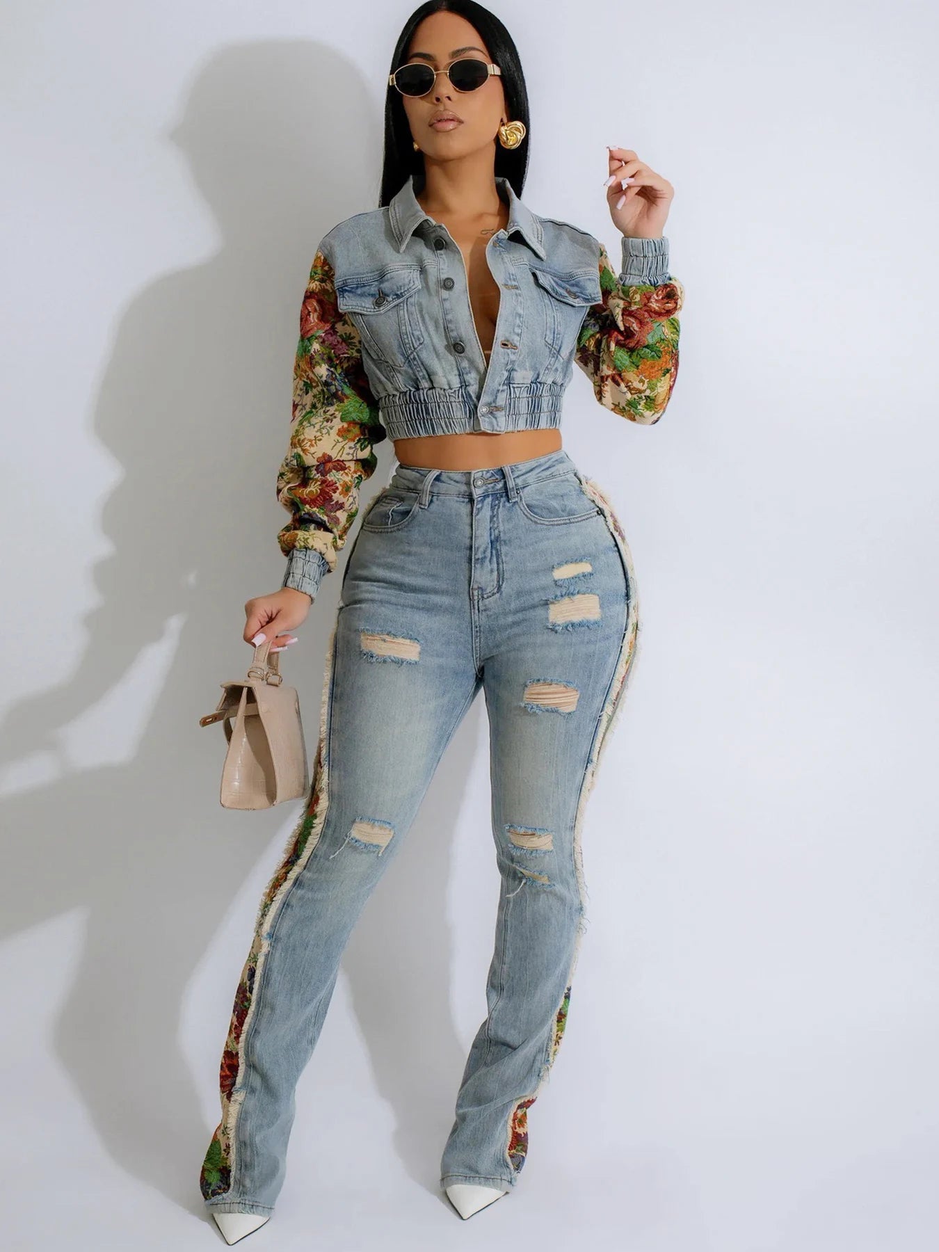 Retro Side Print Denim Two-Piece Set
