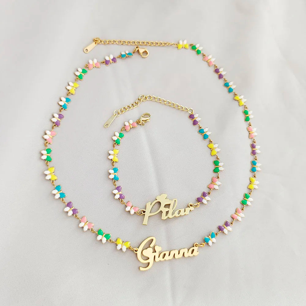 Customized Name Necklace and Bracelet Colorful Butterfly for Children