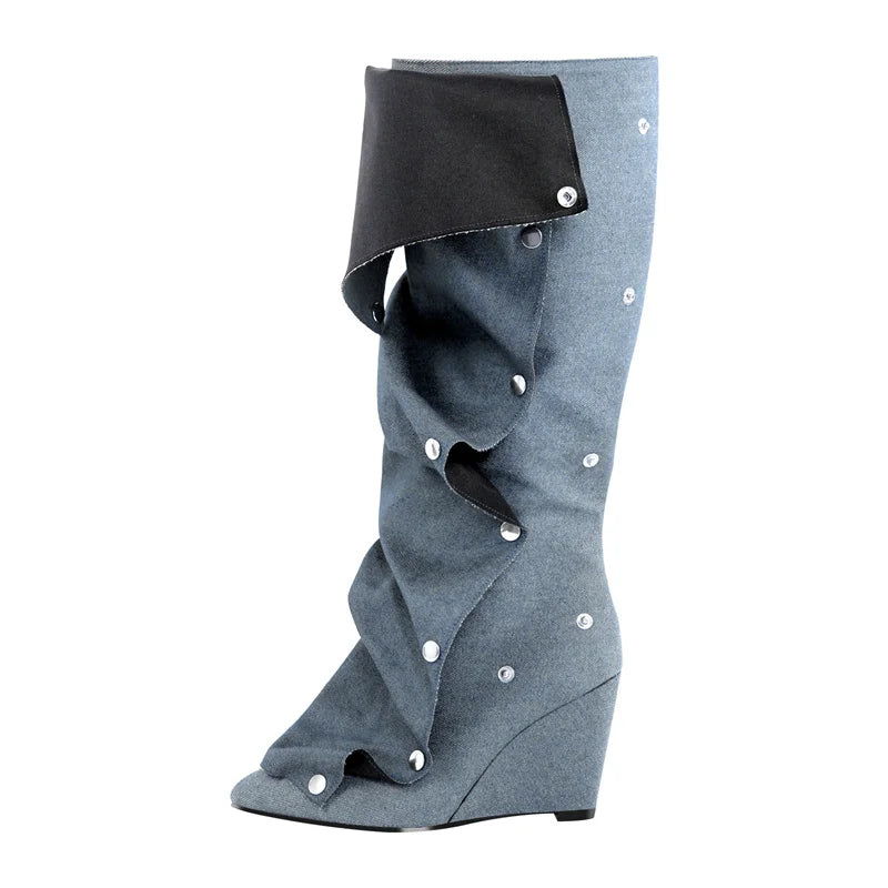 Pleated Pointed Toe Black Wedges Knee High Boots